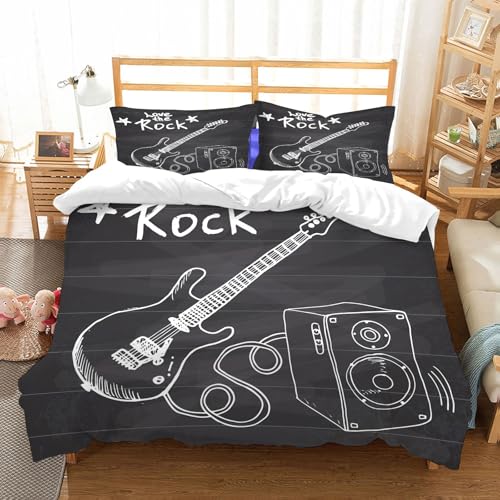 NIOYNJIS Bettwäsche Set 100% Baumwolle ist,Rockmusik. Handgezeichnete Skizze Einer Gitarre mit Resonanzkörper und Text „Lov,und allem auch für Personen mit Hautsensibilisierung empfohlen 228x264cm von NIOYNJIS