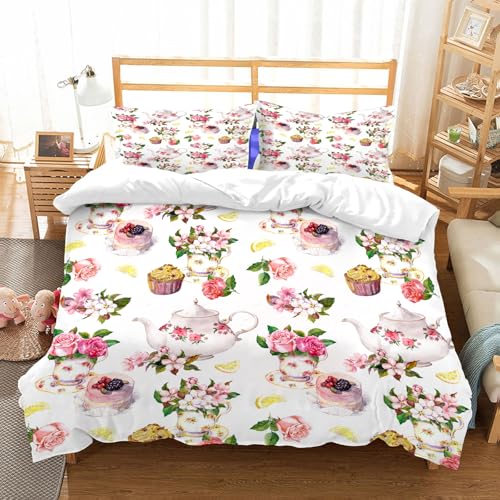 NIOYNJIS Bettwäsche Set 100% Baumwolle ist,Rose Shabby Chic Dekor Vintage Teekannen Blumen Blätter Kuchen Zitrone Druck Kun,und allem auch für Personen mit Hautsensibilisierung empfohlen 228x264cm von NIOYNJIS