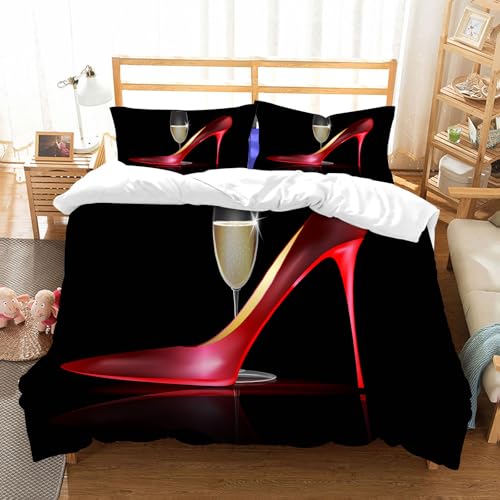 NIOYNJIS Bettwäsche Set 100% Baumwolle ist,Rote High Heels Rote Damenschuhe mit einem Glas Goldwein,und allem auch für Personen mit Hautsensibilisierung empfohlen 228x264cm von NIOYNJIS