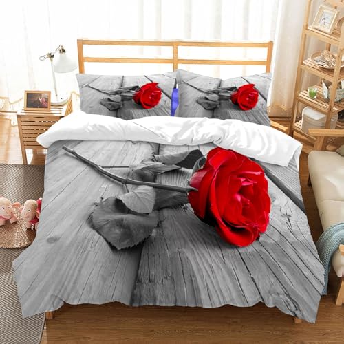 NIOYNJIS Bettwäsche Set 100% Baumwolle ist,Rote Rose Blume auf grauem Holzboden Holz Romantik Liebe romantisch,und allem auch für Personen mit Hautsensibilisierung empfohlen 228x264cm von NIOYNJIS