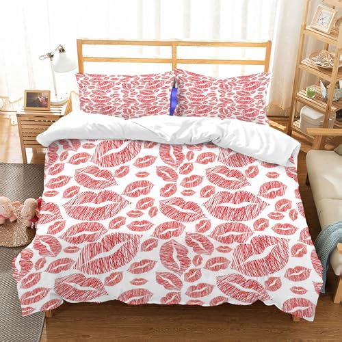 NIOYNJIS Bettwäsche Set 100% Baumwolle ist,Roter Lippenstift auf weißem Hintergrund,und allem auch für Personen mit Hautsensibilisierung empfohlen 228x264cm von NIOYNJIS