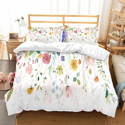 NIOYNJIS Bettwäsche Set 100% Baumwolle ist,Satz von Blumenzweigen. Blume rosa Rose grüne Blätter. Botanische Wildblumenarra,und allem auch für Personen mit Hautsensibilisierung empfohlen 228x264cm von NIOYNJIS