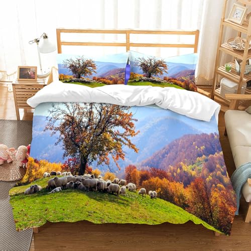 NIOYNJIS Bettwäsche Set 100% Baumwolle ist,Schafe unter Hirten Morgen Sonne Baum Herbst Bauernhof Natur Himmel ländliche Ja,und allem auch für Personen mit Hautsensibilisierung empfohlen 228x264cm von NIOYNJIS