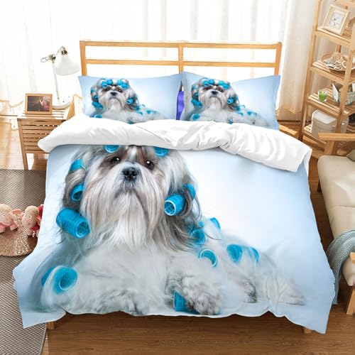 NIOYNJIS Bettwäsche Set 100% Baumwolle ist,Shih Tzu Hund mit Lockenwicklern,und allem auch für Personen mit Hautsensibilisierung empfohlen 228x264cm von NIOYNJIS
