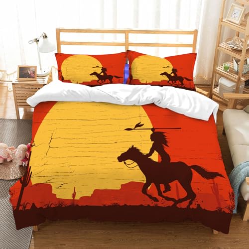 NIOYNJIS Bettwäsche Set 100% Baumwolle ist,Silhouette eines Indianers auf einem Pferd mit einem Speer auf einem Holzschild-,und allem auch für Personen mit Hautsensibilisierung empfohlen 228x264cm von NIOYNJIS