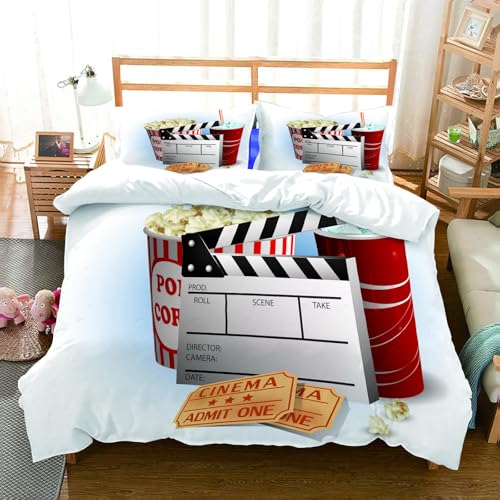 NIOYNJIS Bettwäsche Set 100% Baumwolle ist,Soda Tickets Frisches Popcorn und Filmklappe Blockbuster Premiere Kino,und allem auch für Personen mit Hautsensibilisierung empfohlen 228x264cm von NIOYNJIS