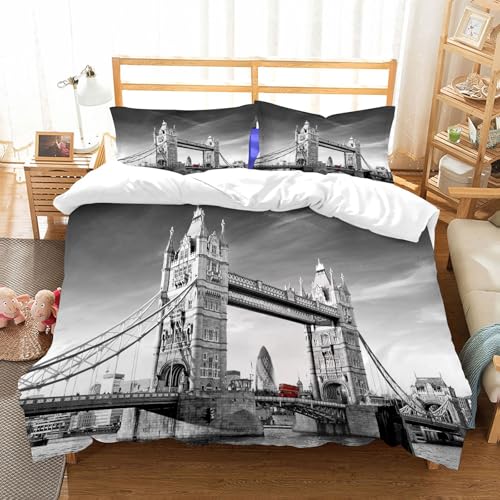 NIOYNJIS Bettwäsche Set 100% Baumwolle ist,Tower Bridge Großnnien London Wahrzeichen Roter Doppeldeckerbus Monochrom,und allem auch für Personen mit Hautsensibilisierung empfohlen 228x264cm von NIOYNJIS
