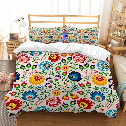 NIOYNJIS Bettwäsche Set 100% Baumwolle ist,Vektornahtloses Hintergrundmuster. Bunte Blumen mit Gefieder in den Farben Orang,und allem auch für Personen mit Hautsensibilisierung empfohlen 228x264cm von NIOYNJIS