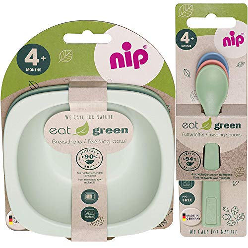 NIP öko bio Geschirrset ab 4. Monat, 2 Breischale + 3 Eat Green öko bio Babylöffel, Melamin frei, BPA frei, Spülmaschinenfest, geeignet für die Mikrowelle, made in Germany von nip