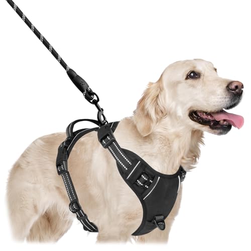 Hundegeschirr Mittelgroße Hunde, Geschirr Hund Für Große Hunde – Verstellbares Anti-Zug-Brustgeschirr Mit Griff, Weich Gepolstert & Reflektierend, Inklusive Hundeleine, Schwarz, Größe L von NIRJIK