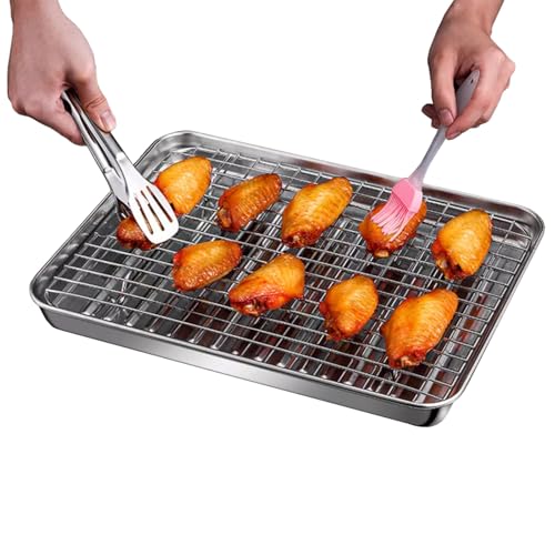 NIRNHYRUR Antihaftbeschichtetes Backblech aus Edelstahl mit Abkühlgitter, Robustes rechteckiges Backgeschirr for Kochen und Braten, Toaster-Backofenblech, hitzebeständiges Serviertablett(270x210mm) von NIRNHYRUR