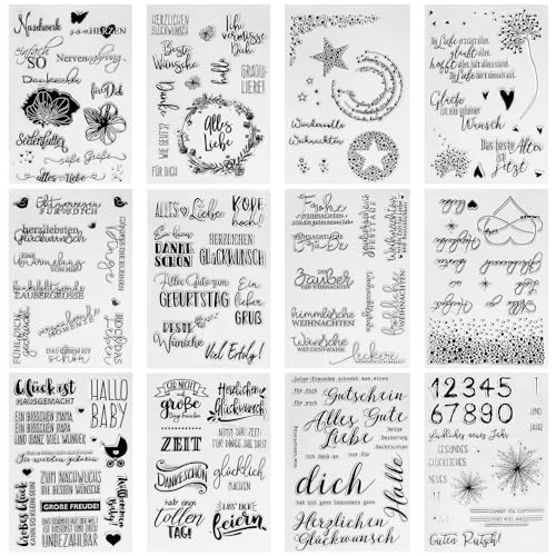 NISHZHU Silikonstempel Set, 12 Bögen Stempel Sprüche,Enthält Eine Vielzahl Von Mustern Silikon Stempelset,Silikon Stempel,Geeignet füR Diy Hochzeitseinladung Tagebuch Clear Stamp von NISHZHU