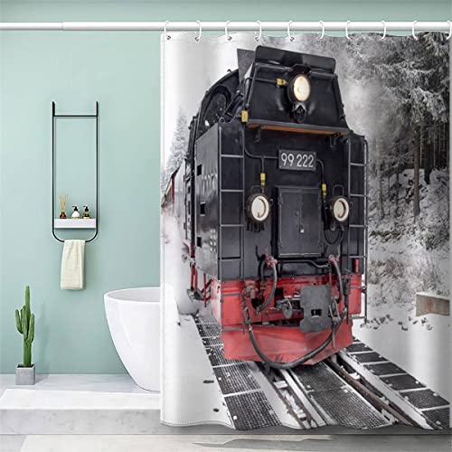 NISMIA Dampflokomotive Duschvorhang Anti-Schimmel Polyester Waschbar Anti-Bakteriel Badvorhänge 3D Wasserdicht Transport Eisenbahn Duschvorhänge mit 12 Duschvorhangringe für Badezimmer 120x200 von NISMIA
