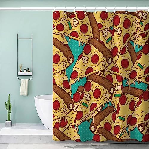 NISMIA Duschvorhang 180x200 Pizza Duschvorhänge Anti-Schimmel waschbare Farbfest Langhaltig Hochwertiger 3D Druck Polyester Textil Essen Cartoon Kawaii Badvorhänge mit 12 Duschvorhangringen von NISMIA