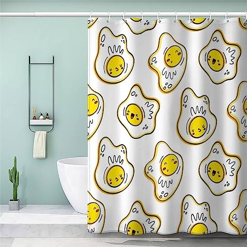 NISMIA Duschvorhang 240x200 Spiegeleier Duschvorhänge Anti-Schimmel Waschbar wasserdicht Anti-Bakteriell 3D Polyester Textil Essen Cartoon Kawaii Badezimmer Vorhänge mit 12 Duschvorhangringes von NISMIA
