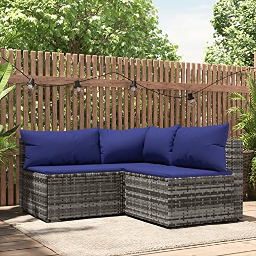 NITCA 3-TLG. Balkon Lounge Klein Rattan,Balkon Ecksofa Klein Grau und Blau,Outdoor Sofa Lounge L Form,Lounge Moebel Balkon Klein mit Kissen Balkonmöbel Rattan(Eckteil+2xMittelteil) von NITCA