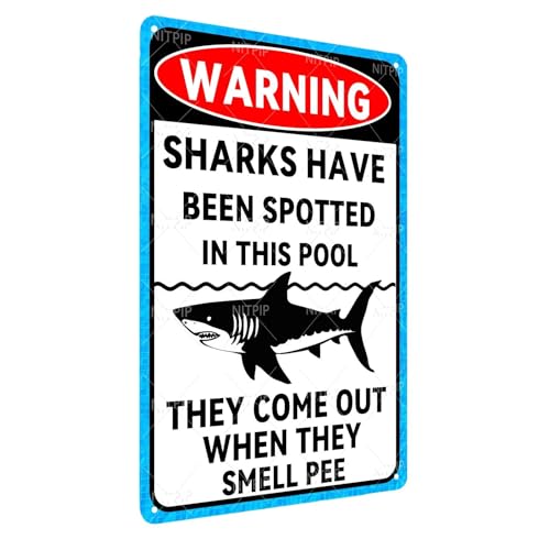 Metall-Blechschild mit Aufschrift "Warning Sharks", Poolregeln, Poster, Wandkunst, lustiges Warnschild mit Aufschrift "No Peing", Wandschild, Schwimmbad, Wasserpark, Stranddekoration, 30,5 x 45,7 cm von NITPIP