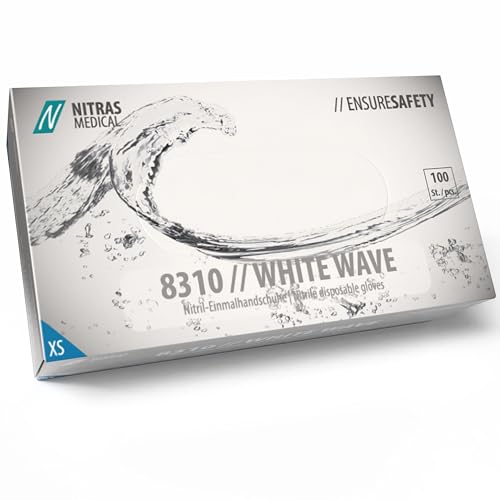 Nitras 8310 White WAVE puderfreie, unsterile, medizinische, lebensmittelgeeignete Nitril-Einmalhandschuhe Farbe weiß, 100 Stück im Spenderkarton Größe XS von Nitras