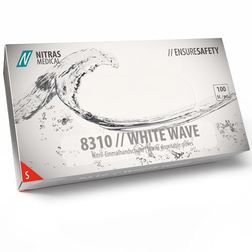 Nitras 8310 White WAVE puderfreie, unsterile, medizinische, lebensmittelgeeignete Nitril-Einmalhandschuhe Farbe weiß, 100 Stück im Spenderkarton Größe S von Nitras