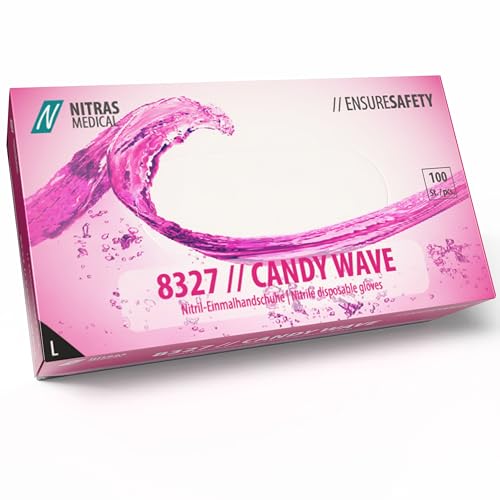 Nitras 8327 CANDY WAVE unsterile medizinische Nitril-Einmalhandschuhe Farbe pink, 100 Stück im Spenderkarton, latexfrei & puderfrei, Touchscreen kompatibel (L) von Nitras