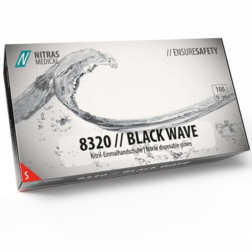 Nitras 8320 BLACK WAVE unsterile, medizinische, lebensmittelgeeignete Nitril-Einmalhandschuhe Farbe schwarz, puderfrei & latexfrei 100 Stück im Spenderkarton Größe S von Nitras