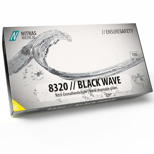 Nitras 8320 BLACK WAVE puderfreie, unsterile, medizinische, lebensmittelgeeignete Nitril-Einmalhandschuhe Farbe schwarz, 100 Stück im Spenderkarton Größe XL von Nitras