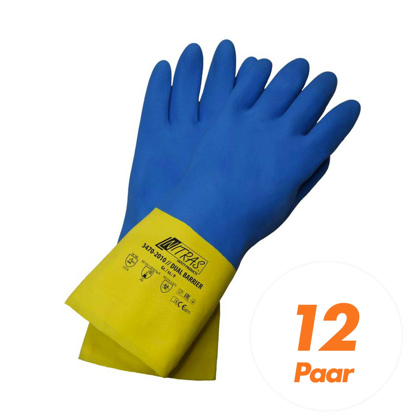 NITRAS 3470 Dual Barrier Chemikalien Schutzhandschuhe blau-gelb 300mm - 12 Paar Größe:9 von NITRAS