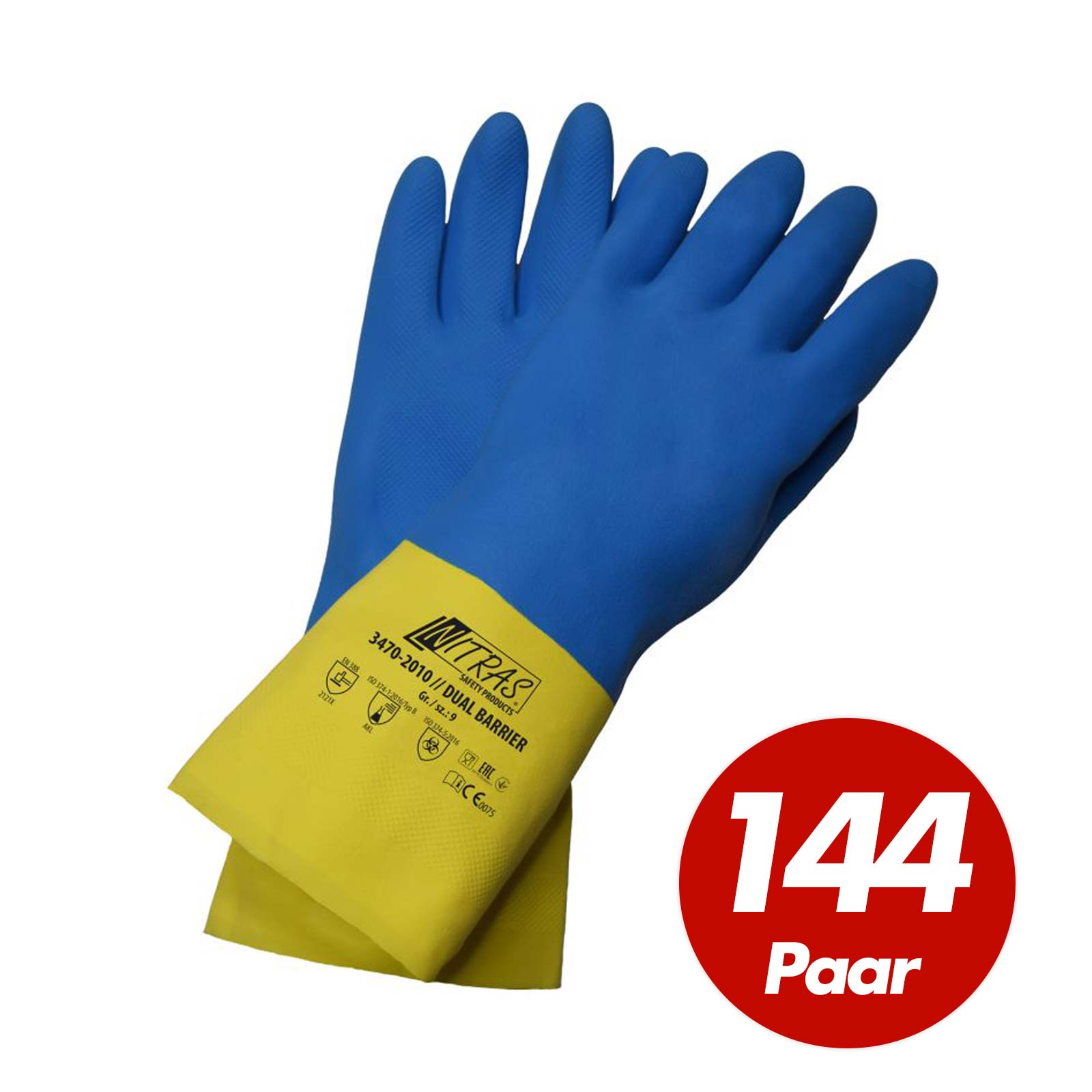 NITRAS 3470 Dual Barrier Chemikalien Schutzhandschuhe blau-gelb 300mm - 144 Paar Größe:10 von NITRAS