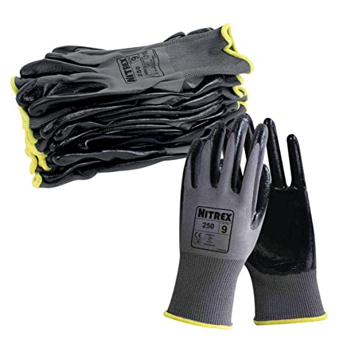 NITREX 250 Arbeitshandschuhe, abriebfeste Schutzhandschuhe mit Nitril-Handflächenbeschichtung, Polyesterfutter, Schutz vor mechanischen und industriellen Gefährdungen – 10 Paar je Beutel – Größe 10 von NITREX