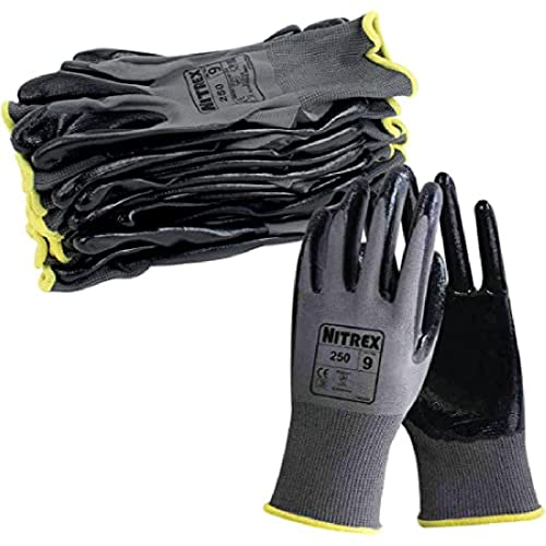 NITREX 250 Arbeitshandschuhe, abriebfeste Schutzhandschuhe mit Nitril-Handflächenbeschichtung, Polyesterfutter, Schutz vor mechanischen und industriellen Gefährdungen – 10 Paar je Beutel – Größe 6 von NITREX