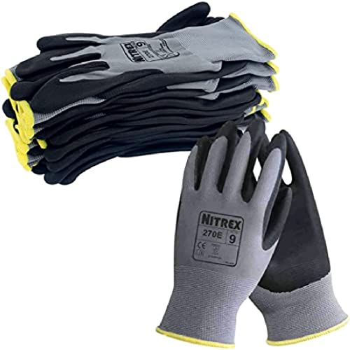 NITREX 270E Arbeitshandschuhe, abriebfeste Schutzhandschuhe mit Polyesterfutter, Nitrilschaum-Handflächenbeschichtung, Schutz vor mechanischen und industriellen Gefährdungen–10 Paar je Beutel–Größe 6 von NITREX