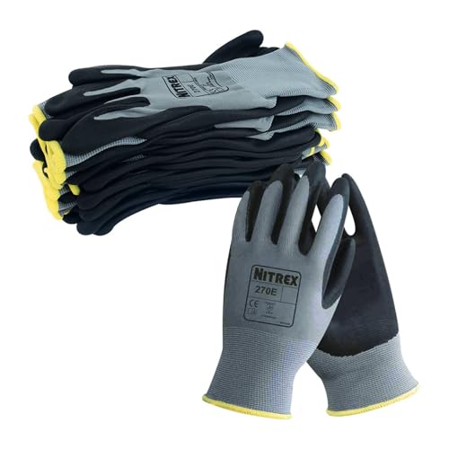 NITREX 270E Arbeitshandschuhe, abriebfeste Schutzhandschuhe mit Polyesterfutter, Nitrilschaum-Handflächenbeschichtung, Schutz vor mechanischen und industriellen Gefährdungen–10 Paar je Beutel–Größe 8 von NITREX