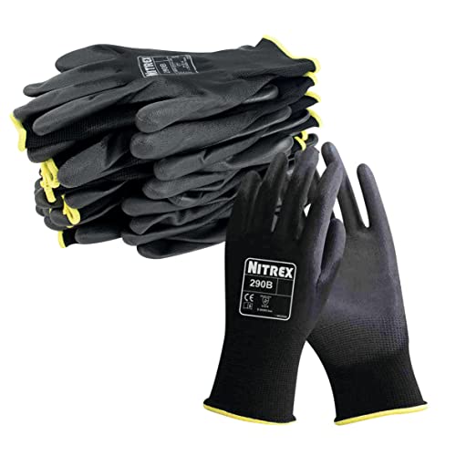 NITREX 290B Arbeits- und Sicherheitshandschuhe, 10 Paar schwarze Handschuhe für allgemeine Handhabung mit PU-Handflächenbeschichtung, Größe 6, Größe XS von NITREX