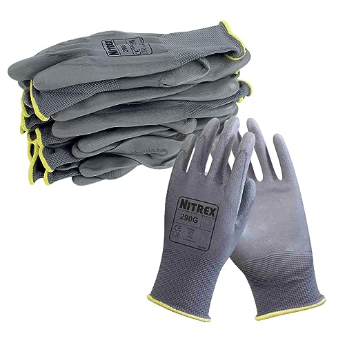 NITREX 290G Arbeits- und Sicherheitshandschuhe, 10 Paar schwarze Handschuhe für allgemeine Handhabung mit PU-Handflächenbeschichtung, Größe 10, Größe XL von NITREX