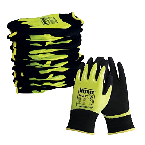 NITREX 360FCT Arbeits- und Schutzhandschuhe, doppelt getauchte gelbe Thermohandschuhe mit gesandeter Nitril-Handflächenbeschichtung in SchwarzNeongelb- 10 Paar je Beutel- Größe 9 von NITREX
