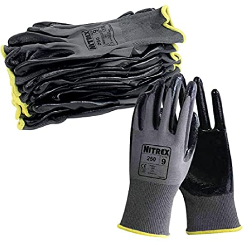 Nitrex 250 Arbeits- und Sicherheitshandschuhe 10 Paar Beutel Größe 8 Allgemein Handling Handschuhe mit Nitril-Handflächenbeschichtung Grau/Schwarz von NITREX