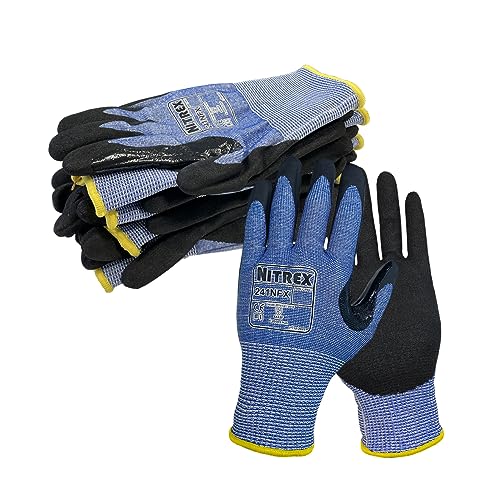 NITREX Unigloves Schnittfeste Handschuhe für allgemeine Handhabung mit sandiger Nitril-Handflächenbeschichtung, NitreGuard-Technologie und NitreGrip-Technologie in Schwarz/Blau, 10 Paar von NITREX