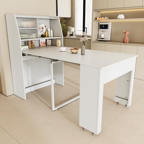 NIUAWASA Ausziehbarer Esstisch, 52/132.5x80x76cm Einweg-Ausziehtisch Esszimmer-Stauschrank Esstisch mit Stauraum Rechteckiger Esstisch Coffee Lounge Tisch Platzsparender Multifunktions-Esstisch Weiß von NIUAWASA