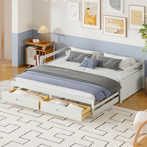 NIUAWASA Ausziehbares Schlafsofa 90/180x200 cm, Sofabett mit Schubladen und Lattenrosten Tagesbett Kiefernbett mit Stauraum, Ohne Matratze (Weiß) von NIUAWASA
