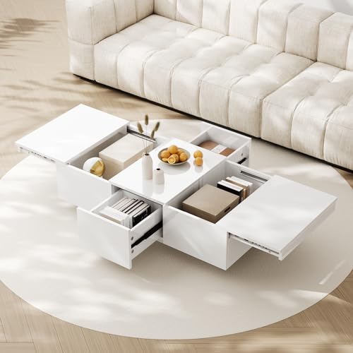 NIUAWASA Couchtisch, Hochglanz-Wohnzimmertisch mit Push-Pull-Aufbewahrungsstruktur, doppelseitigen Schubladen, 100x50x31CM, Weiß von NIUAWASA