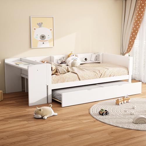 NIUAWASA Flachbett Kinderbett 90x200cm, Einzelbett mit Ausziehbarem Bett, mit Schreibtisch, DREI Regale an der Seite des Bettes, Ohne Matratze (Weiß) von NIUAWASA