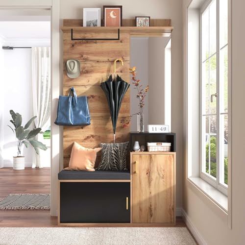 Garderoben-Set, 4 Kleiderhaken Spiegel Schuhschrank Wandgarderobe Oberes Ablagefach Flurgarderobe Sitzbank(Kein Einteiliges Produkt Erfordert Bohren und Stanzen von Löchern in der Wand) 105x40x191.5cm von NIUAWASA