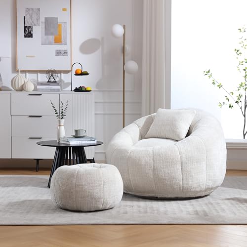 NIUAWASA Sessel mit Hocker, Runder Sitzsack-Stuhl 360°-freie Rotation Super Weiche Couch, Dichte Memory-Schaum Relaxsessel für Wohnzimmer & Schlafzimmer (Beige) von NIUAWASA