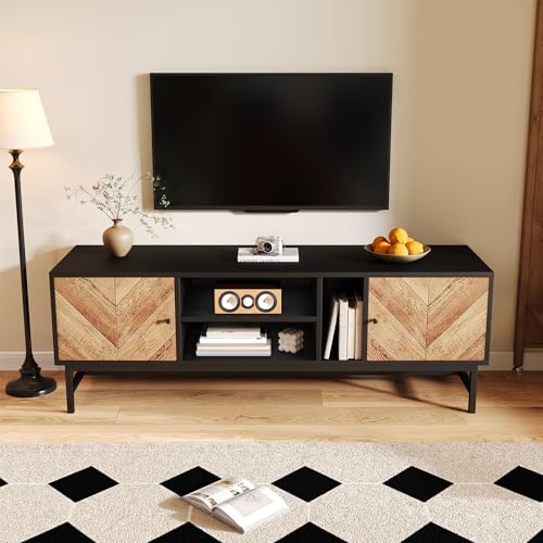 NIUAWASA TV-Schrank 150x38x55cm, Fernsehtisch Schwarz-Holz-Kontrastdesign mit Vielseitigem Stauraum inkl Schränken Horizontalen und Vertikalen Fächern Lowboard von NIUAWASA