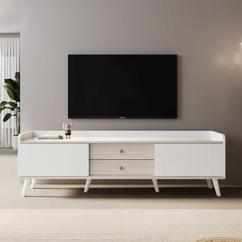 NIUAWASA TV-Schrank 160x40x58cm, TV Tisch mit 2 Schubladen, Fernsehtisch TV Board TV- Lowboard Niedrige Platte mit 2 Schiebetüren Weiß und Natürliches Holzfarbe von NIUAWASA