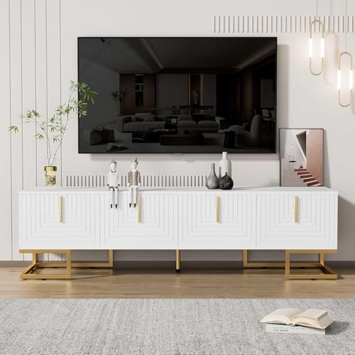 NIUAWASA TV-Schrank 170x40x45.5cm, Lowboard mit Strukturierter Tür TV-Möbel Fernsehtisch Goldenen Griffen und Goldenen Füßen TV Tisch (Weiß) von NIUAWASA