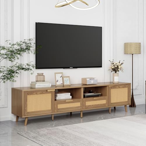 NIUAWASA TV-Schrank mit 2 Schubladen und 2 Türen, Fernsehtisch mit Echtem Rattandesign, TV-lowboard mit Massiven Holzfüßen TV-Boards, 200x37x49cm von NIUAWASA