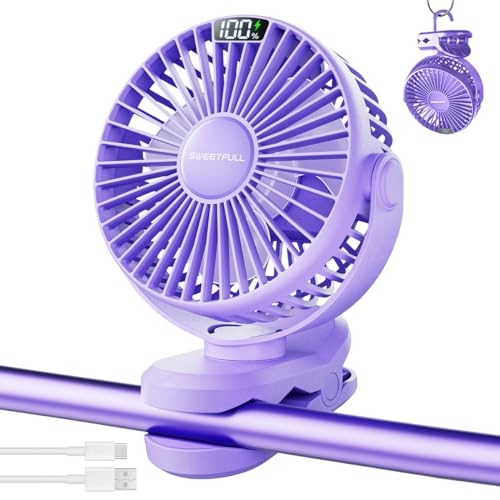 NIUAWASA Tragbarer Mini USB Clip Ventilator - 4000mAh Kinderwagen-Ventilator Wiederaufladbarer Mini-Ventilator mit LED-Anzeige 4 Geschwindigkeiten persönlicher kühlender Tischventilator (Lila) von NIUAWASA