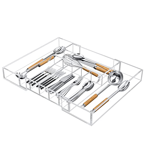 NIUBEE Acryl-Küchenschubladen-Organizer für Besteck und Utensilien, erweiterbarer Besteck-Organizer und Besteckkasten für Küche, Büro, Badezimmerbedarf, transparent, 53,3 cm von NIUBEE