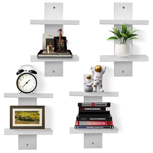 2-stufiges vertikales Wandregal, Säulen-Design, schwebende Regale, stapelbare dekorative Regale für Wohnkultur, Organizer und Aufbewahrung im Wohnzimmer und Schlafzimmer, belastbar, 4er-Set(Weiß) von NIUBEST